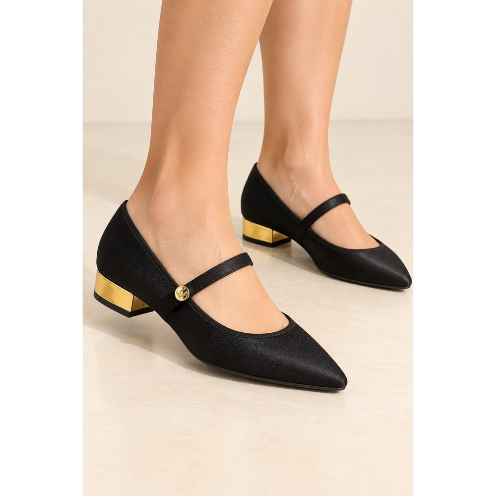 Liz Claiborne Santry Black Satin Pointed Toe Mary Jane Gold Heel Flats 8.5W
